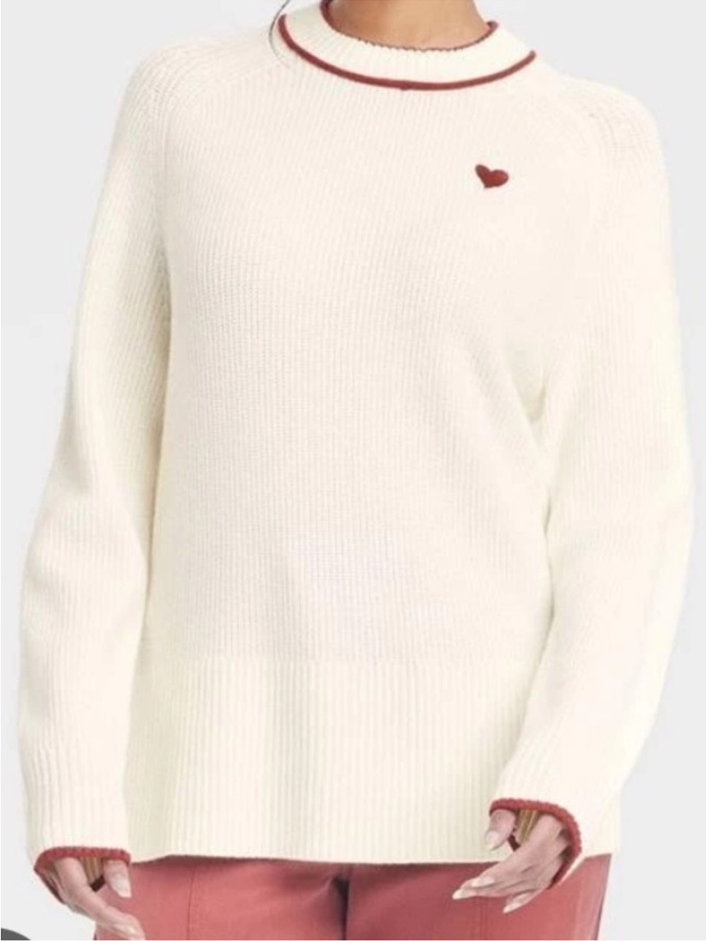 Women’s Cream Crewneck Knit Sweater with Heart Accent